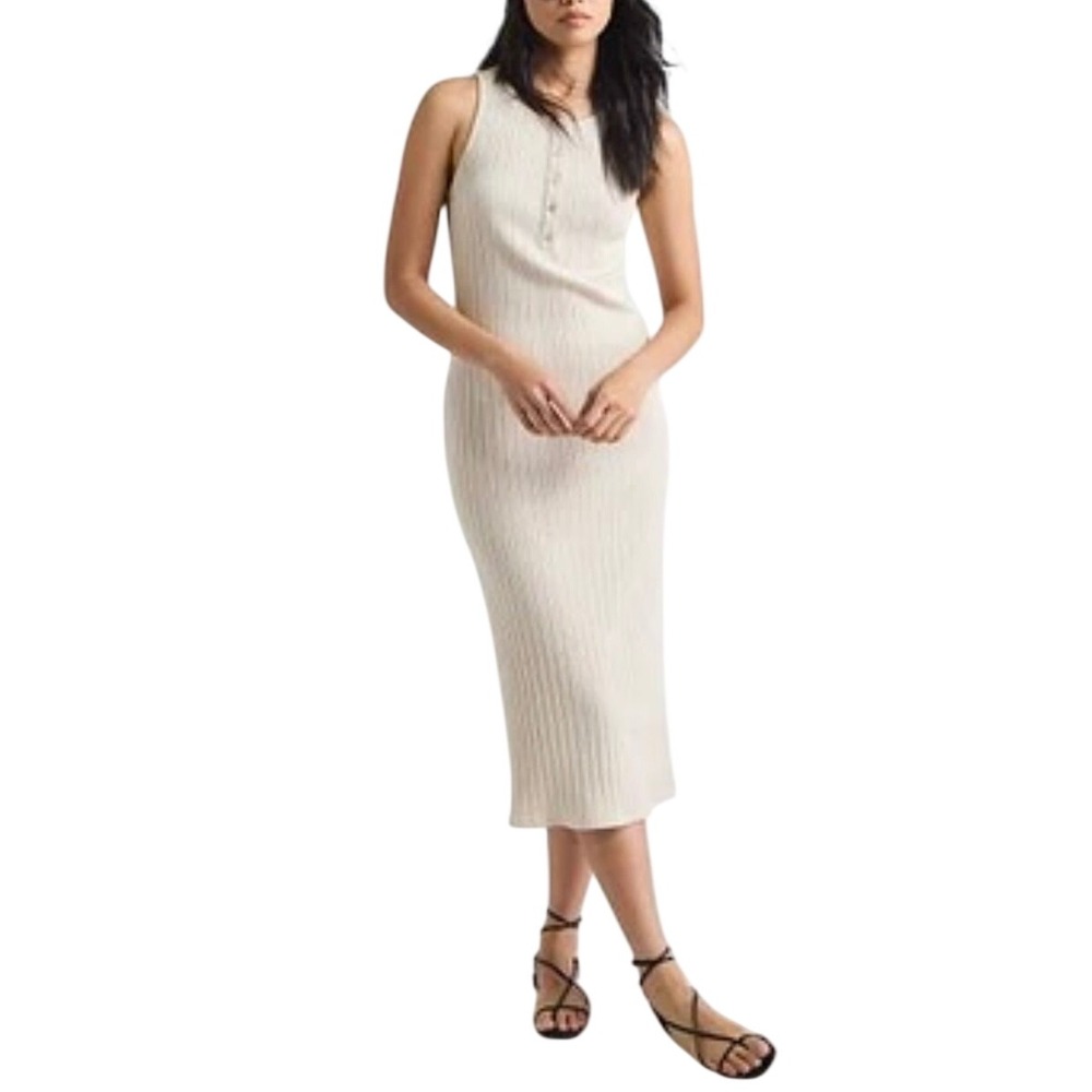 RW&CO Henley‎ Ribbed Midi Dress XL Beige Henley Button Sleeveless Minimalist